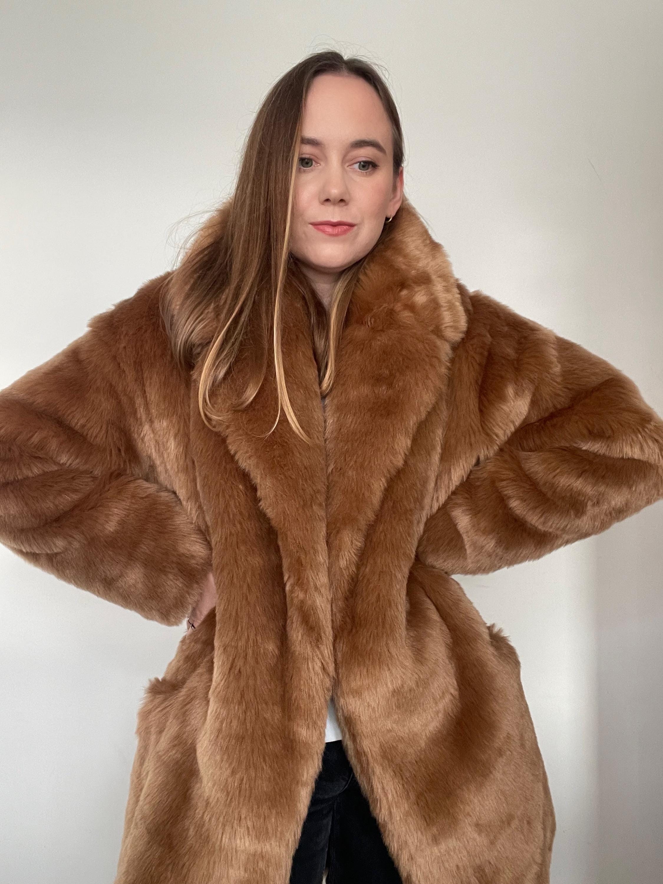 Brown Faux Fur Jacket for Ladies - Fluffy, Warm, Above Knee