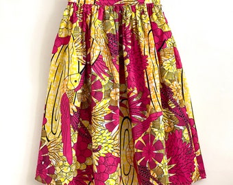 Magenta Pink and Yellow African Skirt. Bird print, frill skirt, high waisted skirt. 100% cotton.