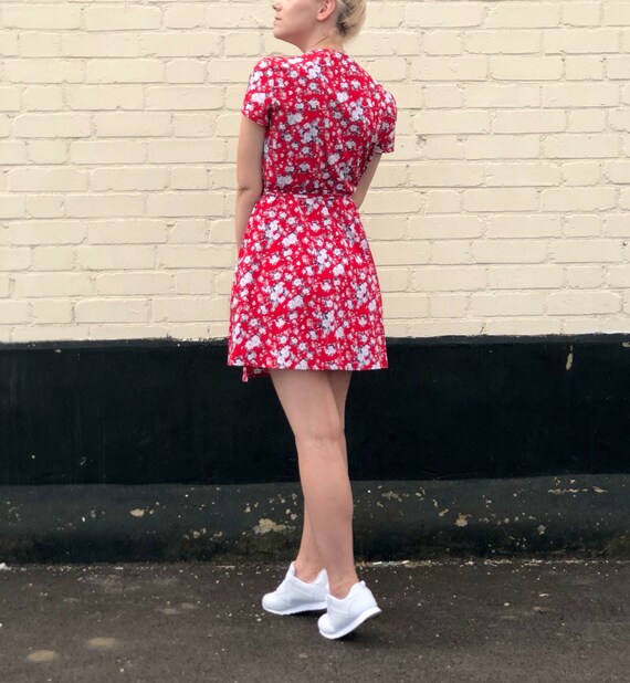red ditsy wrap dress
