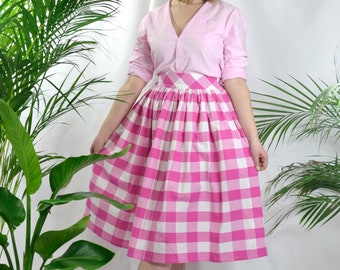 Magenta / cerise and white check, gingham skirt, 100% cotton, full gathered midi skirt, classic casual style skirt.