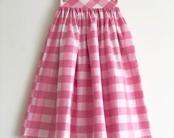 Baby Pink and white check, Barbie Pink gingham skirt, 100% cotton, full gathered midi skirt, classic casual style skirt.