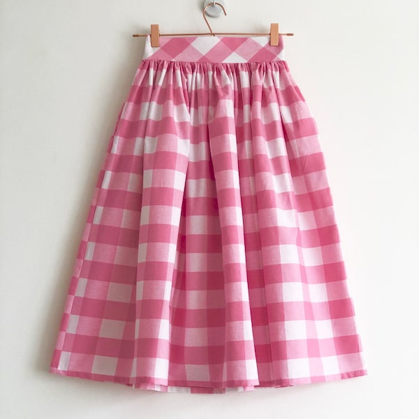 Baby Pink and white check, Barbie Pink gingham skirt, 100% cotton, full gathered midi skirt, classic casual style skirt.