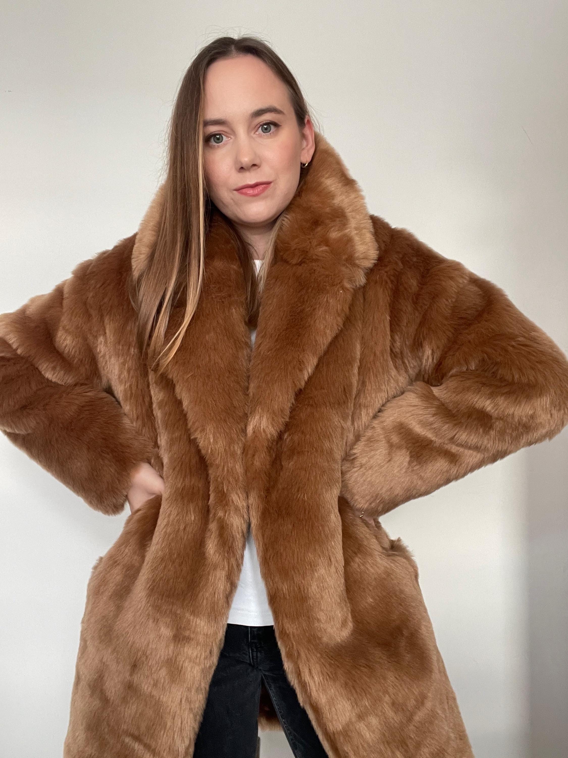 Brown Faux Fur Jacket for Ladies - Fluffy, Warm, Above Knee