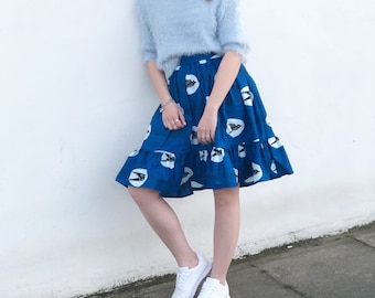 Ankara Royal Blue skirt, Swallow print, Birds, Ruffels skirt, 100% cotton, fleur midi skirt.