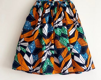 Multicolour African skirt (orange, navy, blue, green, white). 100% cotton. Full gathered, midi length, highwaisted.