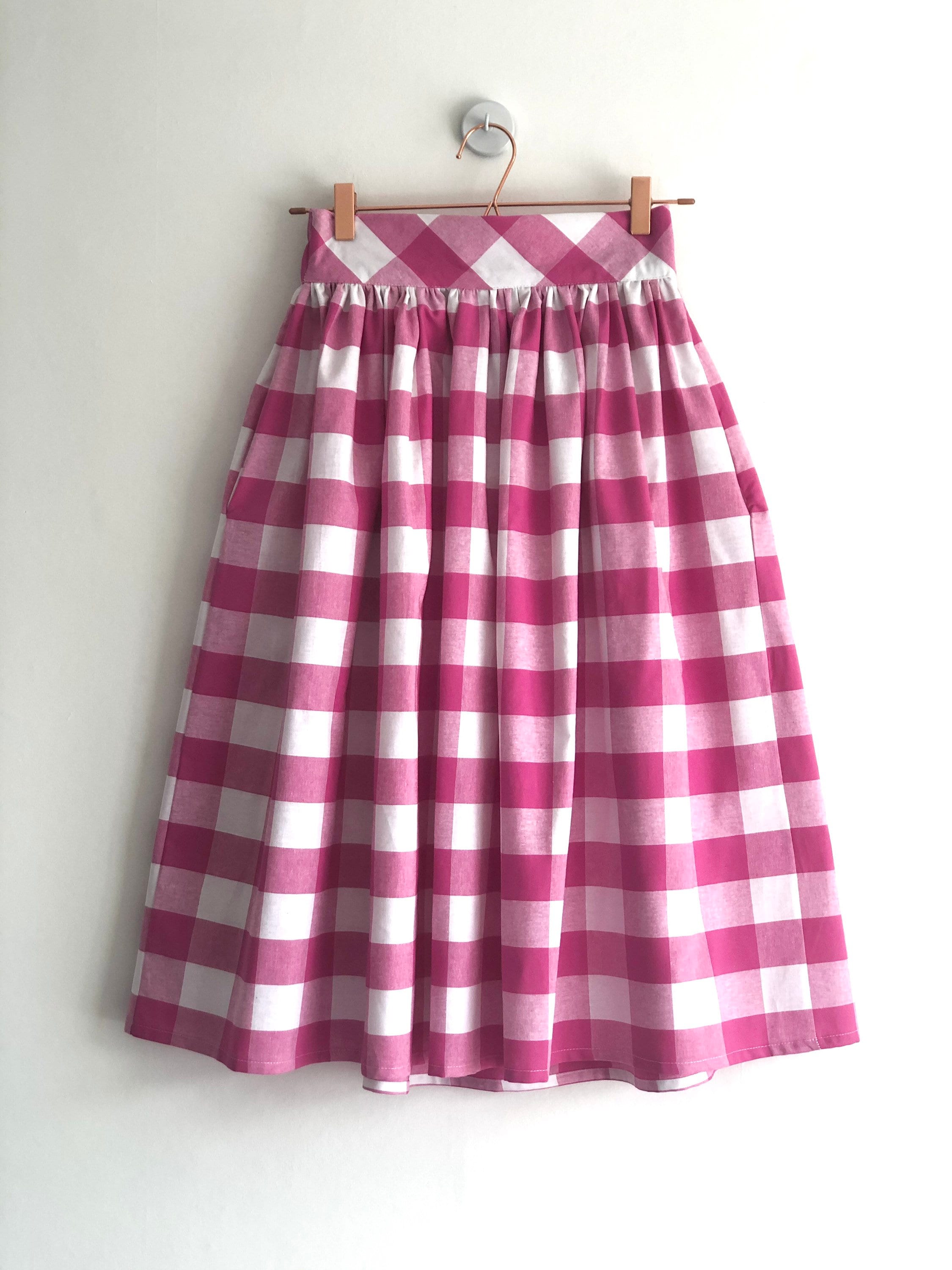 Magenta / Cerise and White Check, Gingham Skirt, 100% Cotton, Full