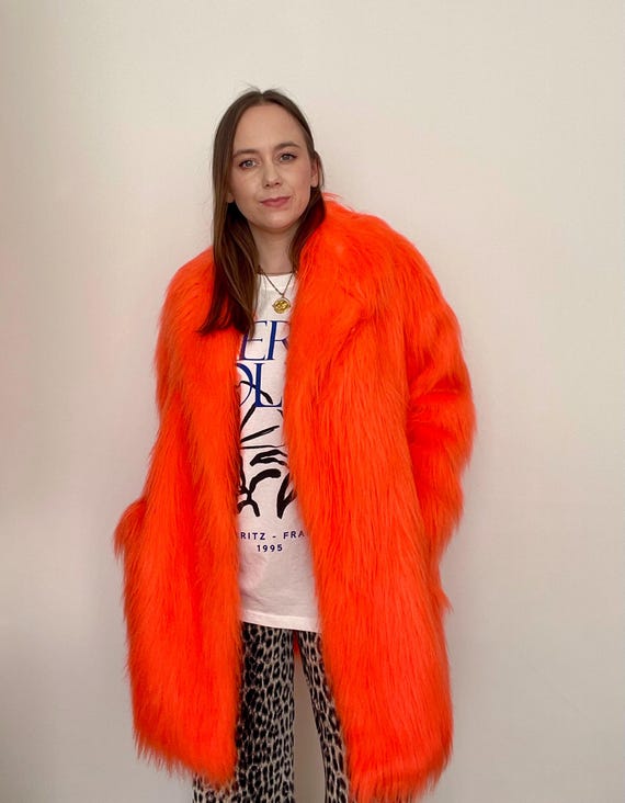Orange Faux Fur Coat. Fluo Hot Orange, Vegan, Cruelty Free