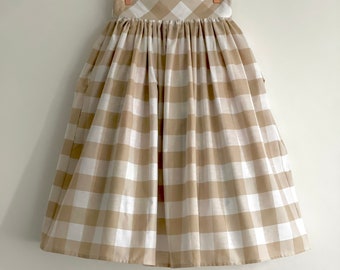 Nude Beige and White Check, Gingham Skirt, 100% Cotton, Full