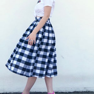 Green and white check, gingham skirt, 100% cotton, full gathered midi skirt, classic casual style skirt. image 6