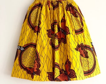 Jupe jaune papillon imprimé africain. 100 % coton, jupe midi, full gathered. Fait à la main au Royaume-Uni.