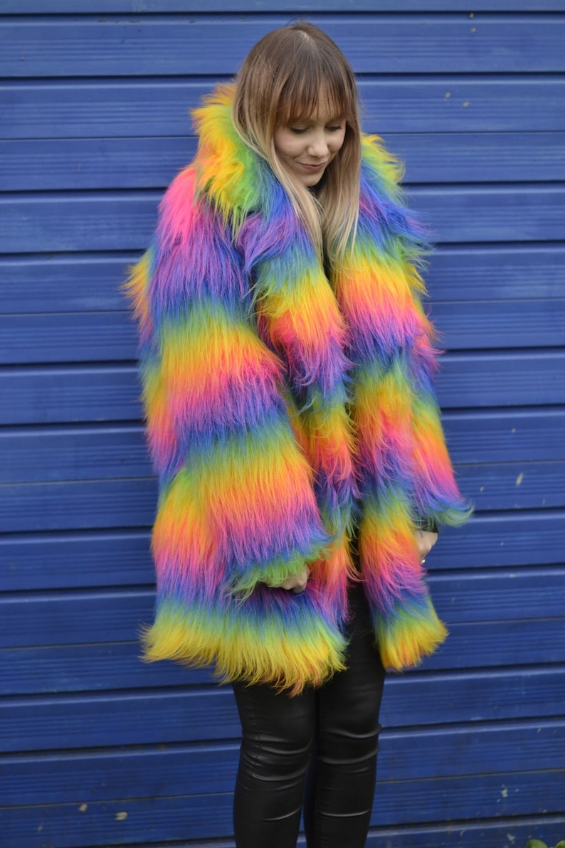 Rainbow Faux Fur Coat. Unisex cut. 100% polyester. Vegan, Cruelty Free. Luxury Fur. image 5