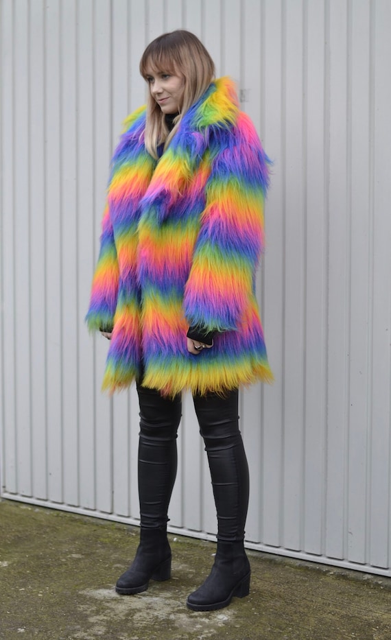 Rainbow Faux Fur Coat. Unisex Cut. 100% Polyester. Vegan | Etsy