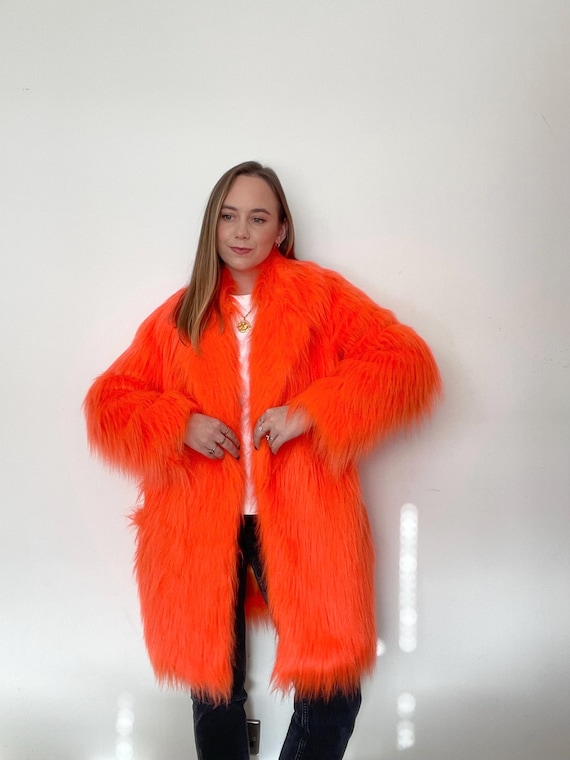 Orange Faux Fur Coat. Fluo Hot Orange, Vegan, Cruelty Free