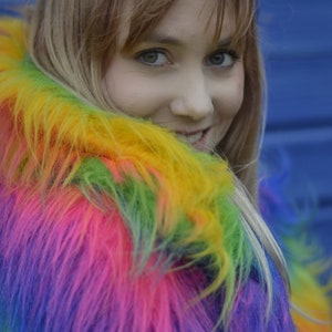 Rainbow Faux Fur Coat. Unisex cut. 100% polyester. Vegan, Cruelty Free. Luxury Fur. image 4