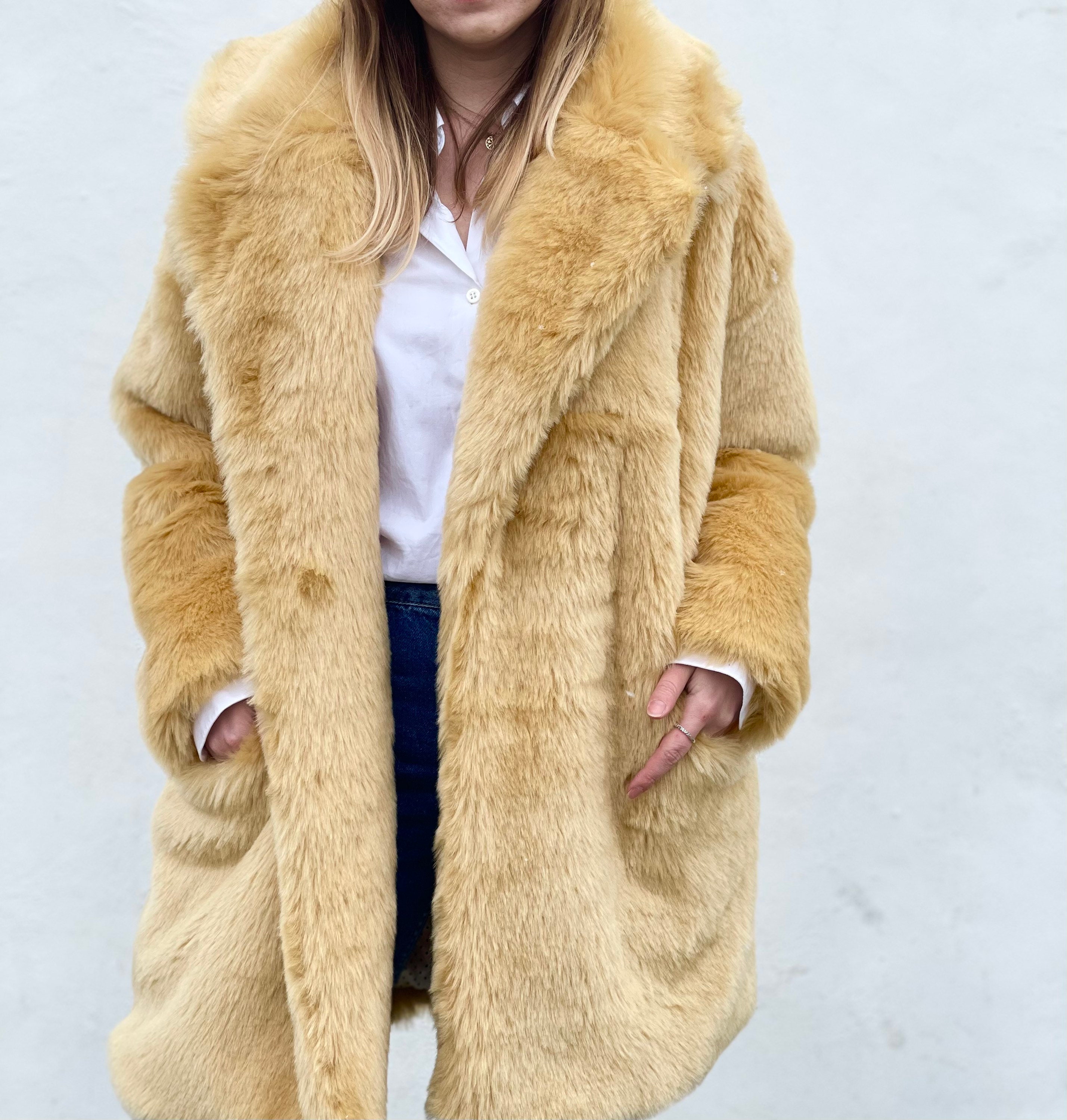 Caramel Fur Coat, Fluffy Jacket, Furry, 100% Polyester, Vegan
