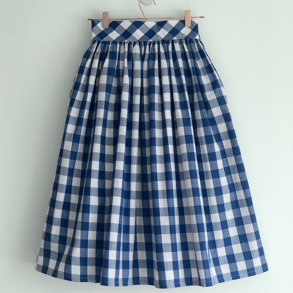 Royal Blue and white check, gingham skirt, 100% cotton, full gathered midi skirt, classic casual style skirt.