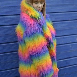 Rainbow Faux Fur Coat. Unisex cut. 100% polyester. Vegan, Cruelty Free. Luxury Fur. image 6