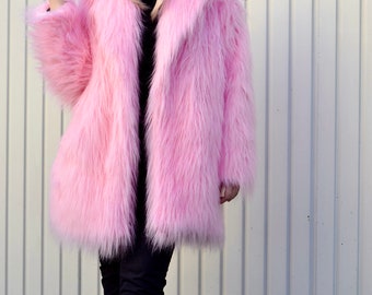 Baby Pink Shaggy Fur Coat, Fluffy Jacket, Furry, 100% Polyester