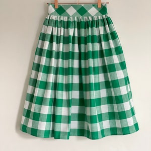 Green and white check, gingham skirt, 100% cotton, full gathered midi skirt, classic casual style skirt. image 5