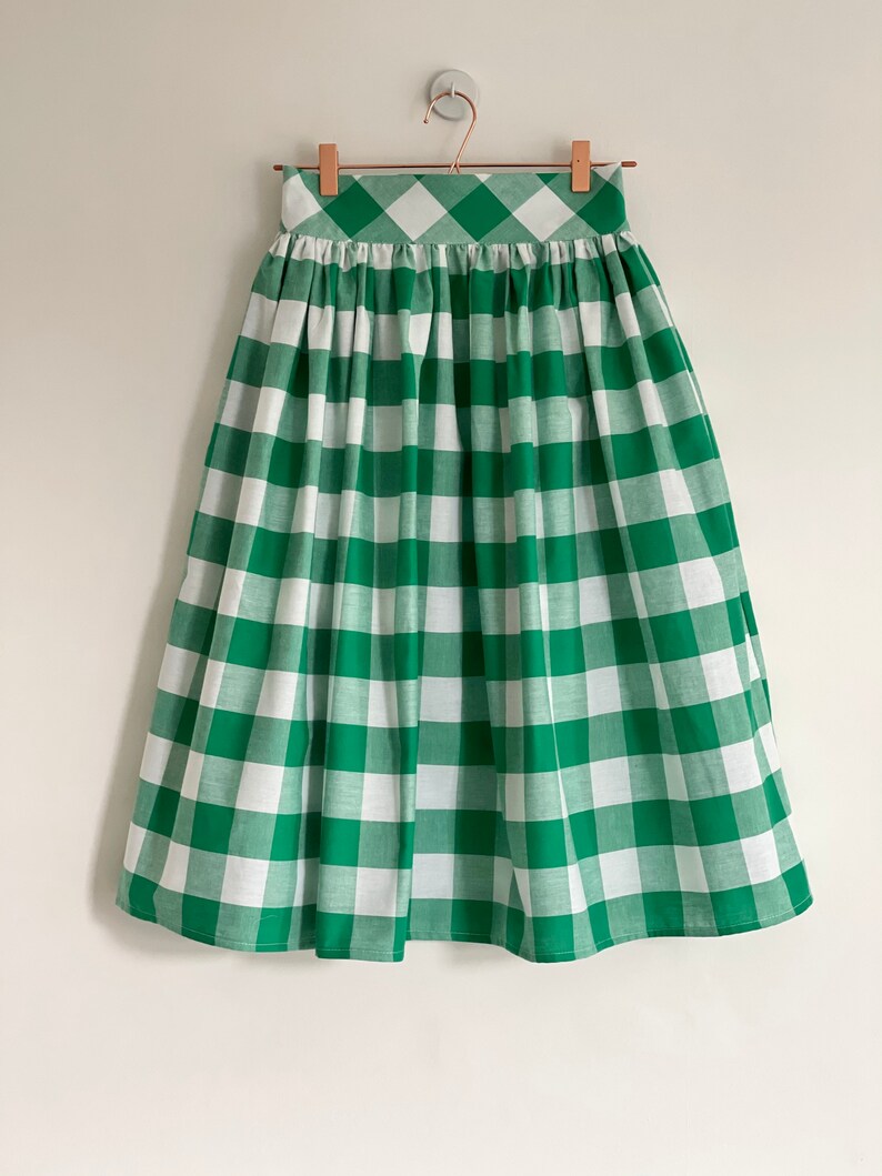 Green and white check, gingham skirt, 100% cotton, full gathered midi skirt, classic casual style skirt. image 5