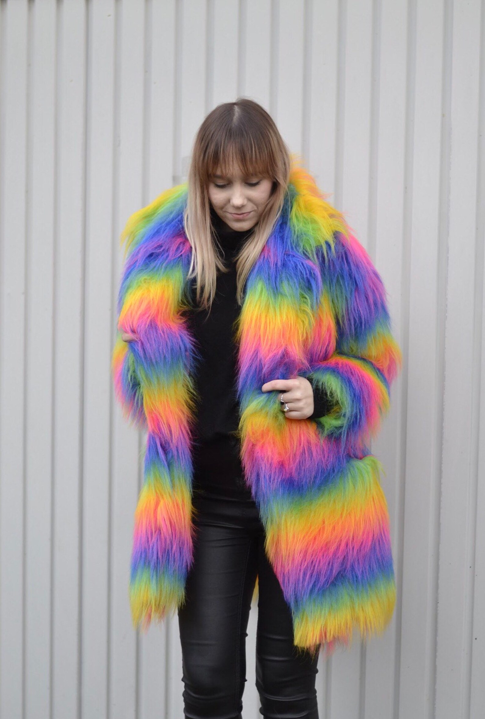 Rainbow Faux Fur Coat. Unisex cut. 100% polyester. Vegan | Etsy