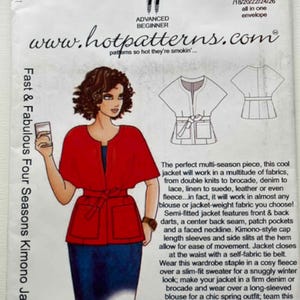 May include: A sewing pattern envelope for a Fast & Fabulous Four Seasons Kimono Jacket, model HP 1157. The cover features an illustration of a person wearing a red jacket with kimono-style cap sleeves, a self-fabric tie belt, and patch pockets.