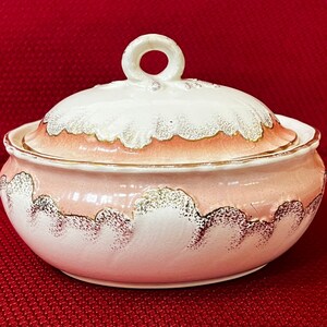 Antique Villeroy & Boch Oval Lidded Container 1890, Ceramic, Pink Gold and White, Raised Designs, Made in Mellach, Maker&#39;s Mark, Rare