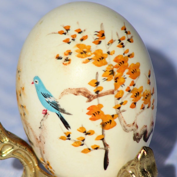 Hand Painted Hen’s Egg Blue Bird in Tree with Gold Flowers, Miniature Masterpiece, Perched on Brass Stand, 1970s, Art Object, Tiny Treasures