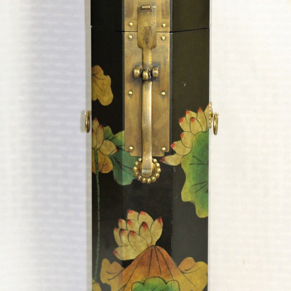 Japanese Lockable Octagonal Wine Box, Black Lacquer, Lotus Flowers and Lily Pads, Brass Latch and Fittings, Cellarette, Liquor Holder