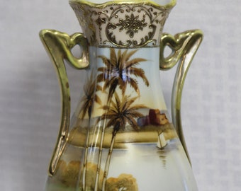 Hand Painted Ribbed Vase, Art Deco Double Handles, Palm Trees with Boat on a Lake, Gold Trim, Made in Japan, circa 1920s, Nippon Era Style