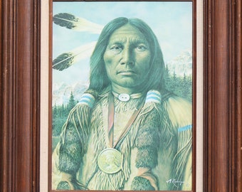 Indian Chief Print by Mexican Artist Alfredo Rodriguez, Framed and Matted