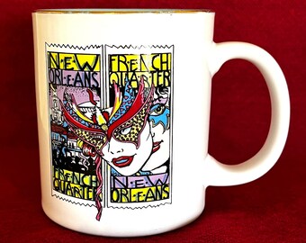 RARE New Orleans French Quarters Souvenir Coffee Mug with Madi Gras Mask, Blue Interior with Gold Trim, Made in Japan