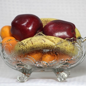 Oval Pressed Glass Bowl with Floral Design, Gold Trim, Footed Glass Petal Bowl, Petal Edge Vintage Glass, Collectible Glass
