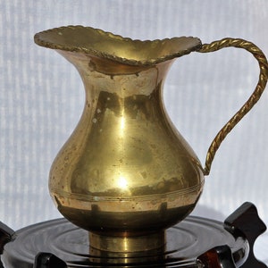 Vintage Solid Brass Pitcher or Jug with Wide Mouth Made in India 1960s Twisted Rope Handle