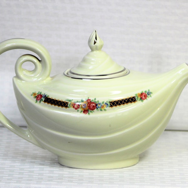 RARE Hall China Company, Ceramic Aladdin Teapot with Flowers, Superior Quality Kitchenware, Platinum Trim, 1940s, Made in USA