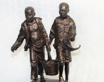 Bronze Sculpture by Robert Summers, Freedom’s Journey, Two Young Boys Carrying a Pail of Water, Solid Bronze, Wood Base, Life Outreach