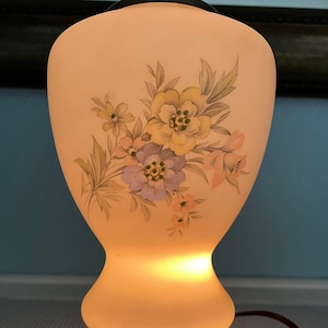 Bristol Glass Style Table Lamp with Handpainted Flowers and Brass Base, 14 &quot; Mid-Century Lamp