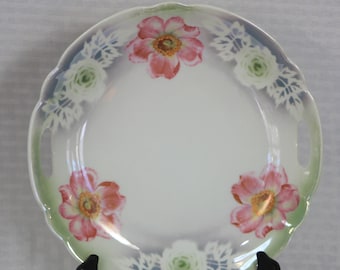 Antique German Schonwald Oremont Bavaria Hand Decorated Lusterware Double Handled Cake Plate with Multi Color Floral Motif 1920