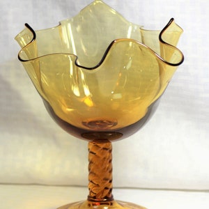 Hand Blown Amber Glass Pedestal Bowl, Twisted Stem and Ruffled Edge, Viking Glass