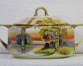 Antique Nippon Lidded Hexagonal Container 8.5 Wide, Hand Painted Landscape, Gold Moriage, Green Maple Leaf Nippon Mark, Meiji Period