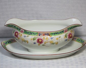 Antique Noritake Porcelain Gravy Boat, Morimura Mark, 1915 Nippon, Attached Underplate, Pink Flowers with Yellow Leaves