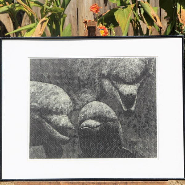 Intaglio Etching of Dolphins by John Ballou, Framed and Matted Under Glass