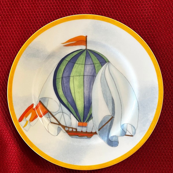Montgolfiere Hot Air Balloon Salad or Dessert Plates by Williams Sonoma, Blanks from Japan, Decorated in USA, Discontinued Line, Set of 4