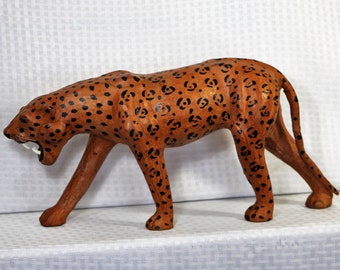 Leather Wrapped Leopard with Hand Painted Spots and Whiskers, Large Vintage Leather Covered Leopard Sculpture