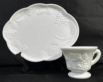 Colony Harvest Milk Glass Snack Sets, Oval Snack Plate with Matching Tea Cup, Bunches of Grapes and Leaves, 8 Snack Sets, 16 Pieces