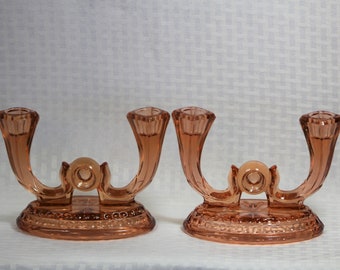 RARE Hancock Glass, Twin Candlestick Holders, 1930s, Flamingo Pink, Pair of Antique Pink Candle Holders, Collectible Glass