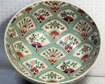 Vintage Hand Painted Chinese Porcelain Bowl, China Trader, Pastel Green Quilt Pattern with Floral Patches, Made In China, Fine Art Ceramics