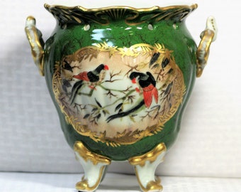 Vintage Dominie's Collection, Large Green Four Legged Vase with Scalloped Edge and Handles, Hand Painted with Parrots and Gold Accents