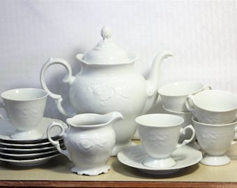 Wawel White Tea Set, Embossed Scrolls and Leaves, Raised Design, Made in Poland, 15 Pieces