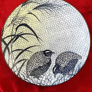 Large Blue Japanese Charger with Quails 14”, Ceramic Platter with Hexagon Pattern in Background, Uzura, Arita-yaki, Japan, Signed